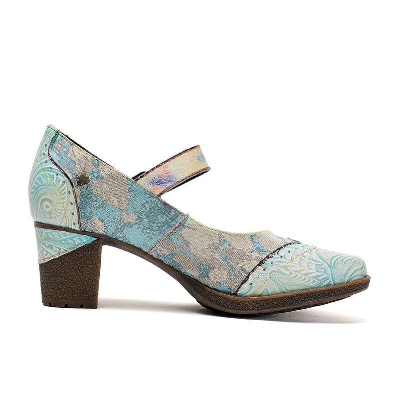 Johnature Patchwork din piele naturală Tocuri înalte cu pantofi retro cu relief pictat manual Pantofi versatili pentru femei