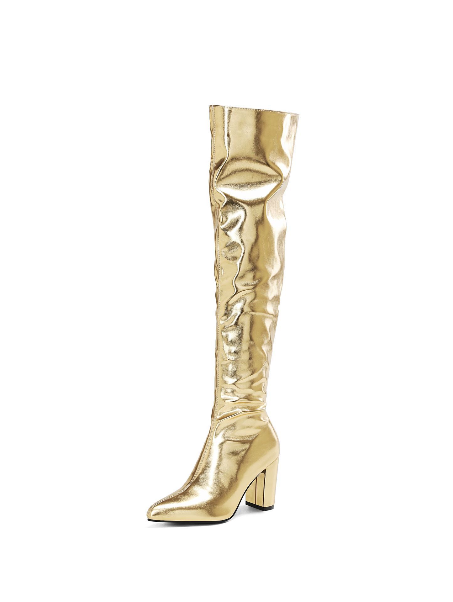 

European and American Fashion Show Fashion Temperament Women s Shoes Shiny Gold Long Style Thick Heel Knee High Boots 39 золотий