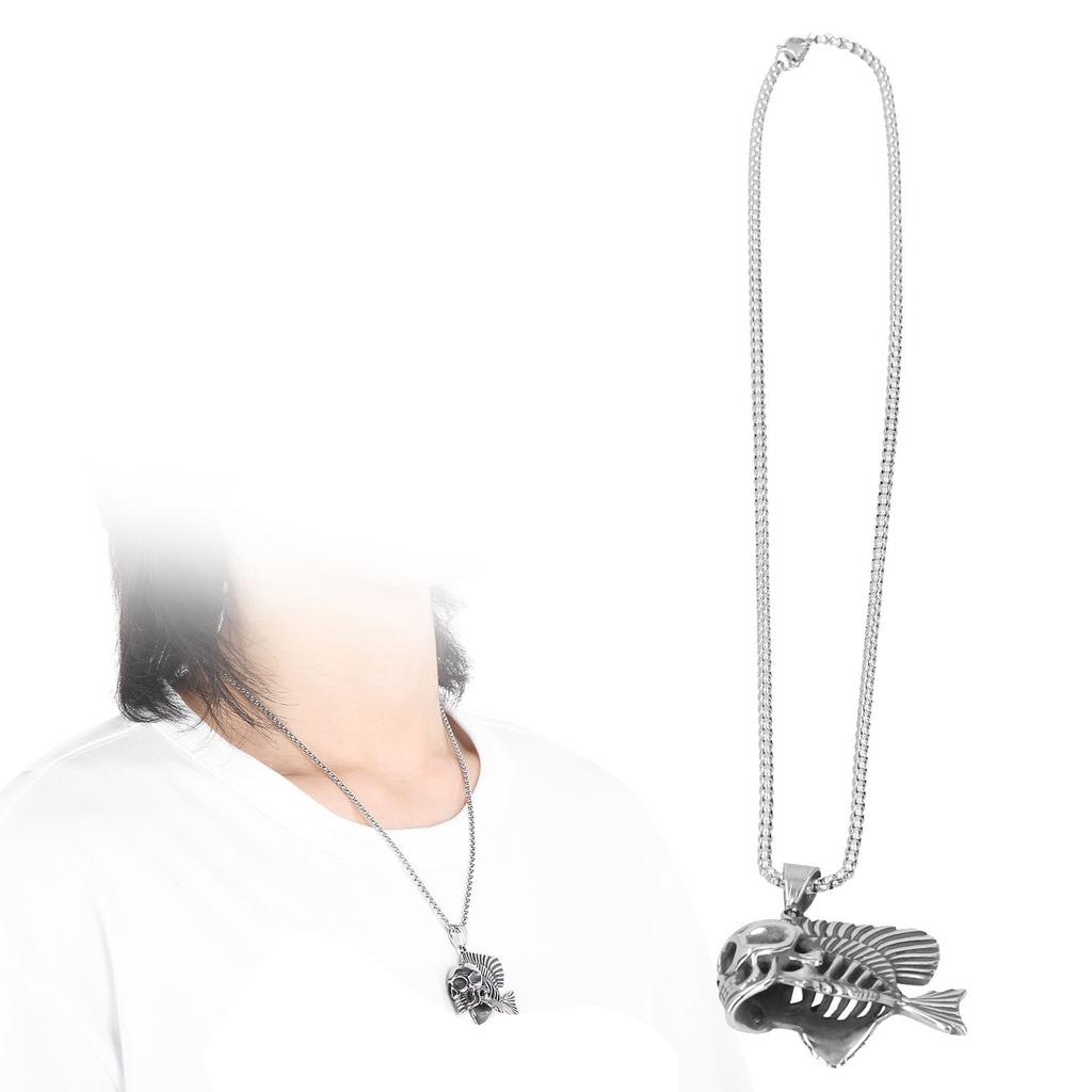 Skull Fish Pattern Pendant Necklace Men Personality Stainless Steel Sweater Necklace