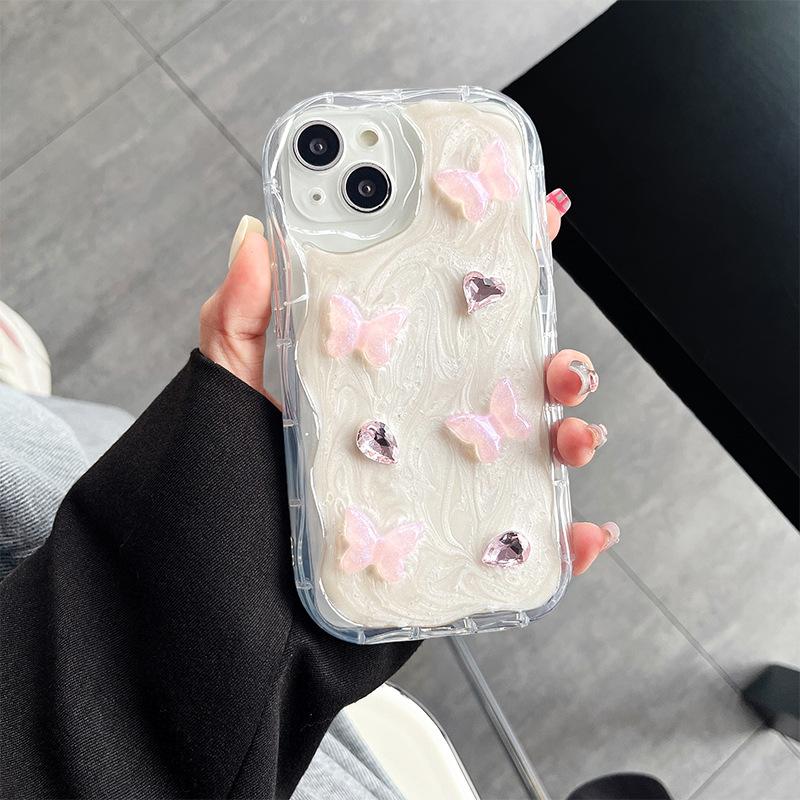 

Pink Butterfly Three-Dimensional Mobile Phone Case For Iphone17Pro Rhinestone Apple 15 All-Inclusive Anti-Drop 14 Light Luxury iPhone 17Promax