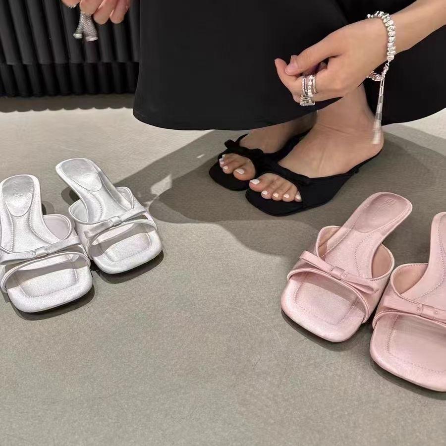2025 spring and autumn new fashion French square women's shoes with bow decoration open-toed empty sandals women