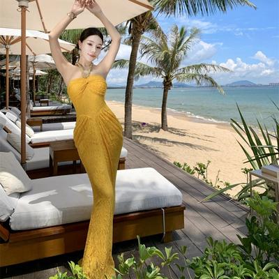 Niche Neck Lace Dress, Waist Shows Long Figure, Celebrity Sexy Dress, Fishtail Dress