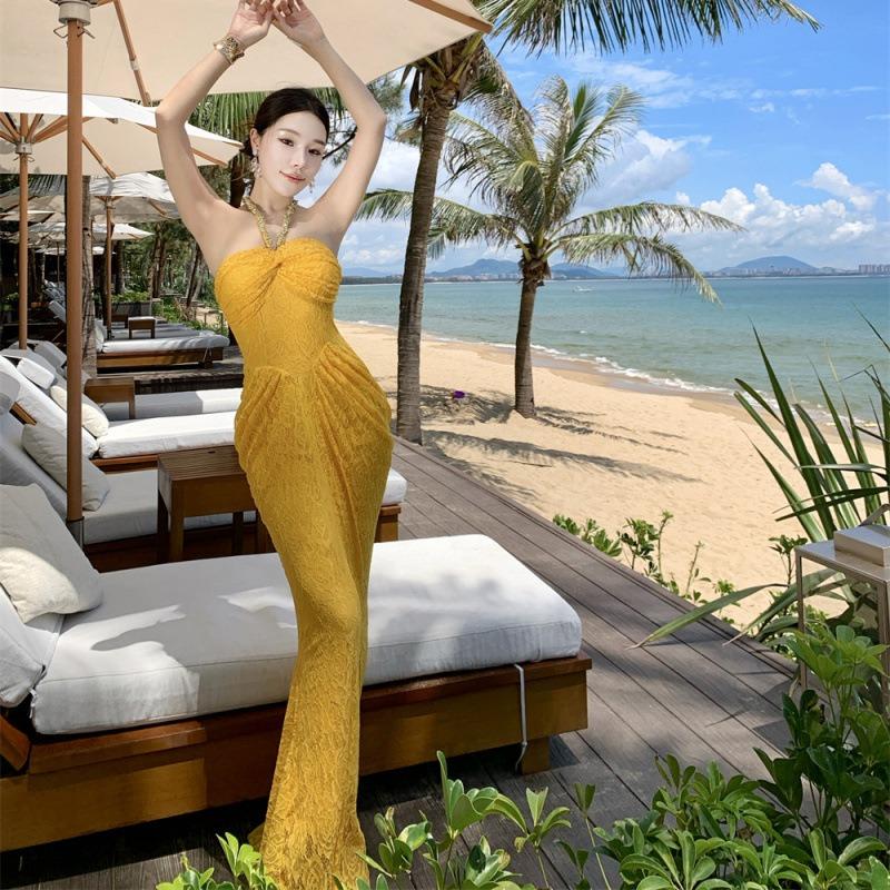 Niche Neck Lace Dress, Waist Shows Long Figure, Celebrity Sexy Dress, Fishtail Dress