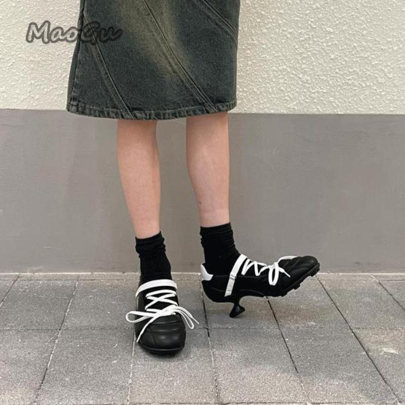 Fashion Strange Style Women's Lace Up Ballet Shoes Round Toe Comfortable Loafers Non-slip Black Silver Lightweight Mid Heel Pumps Size39