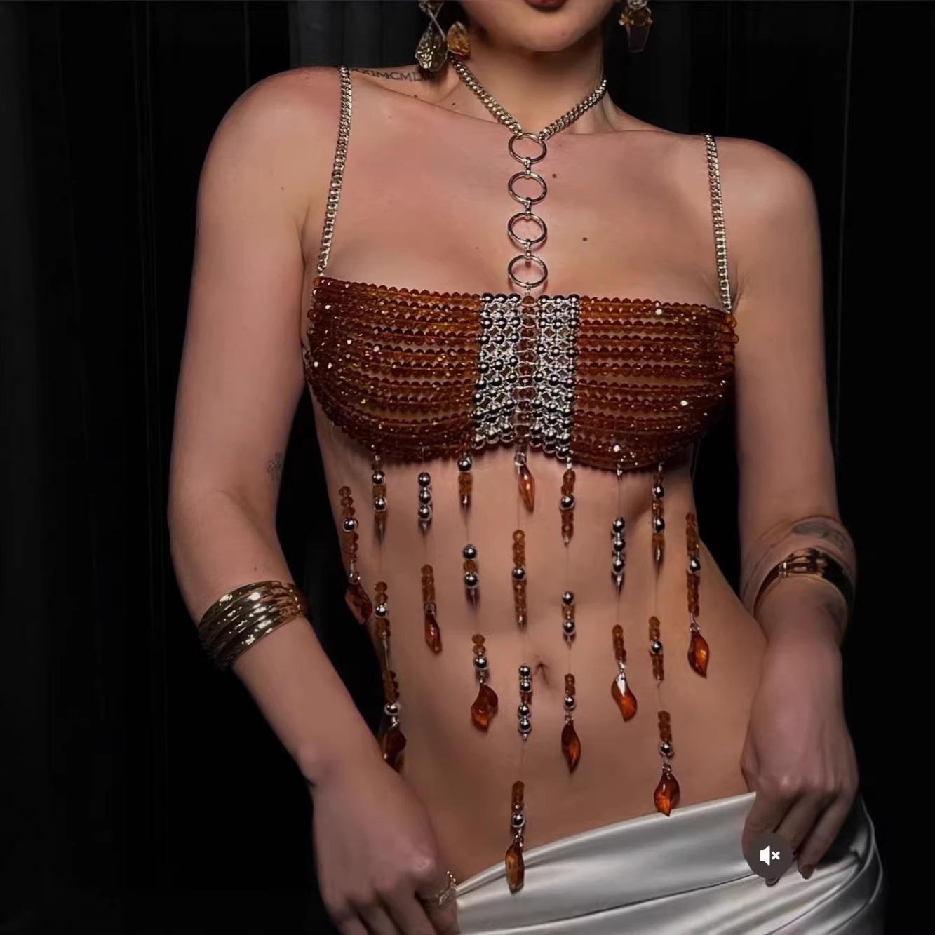 Brown Bead Tassel Halter Body Chain Top OneSize