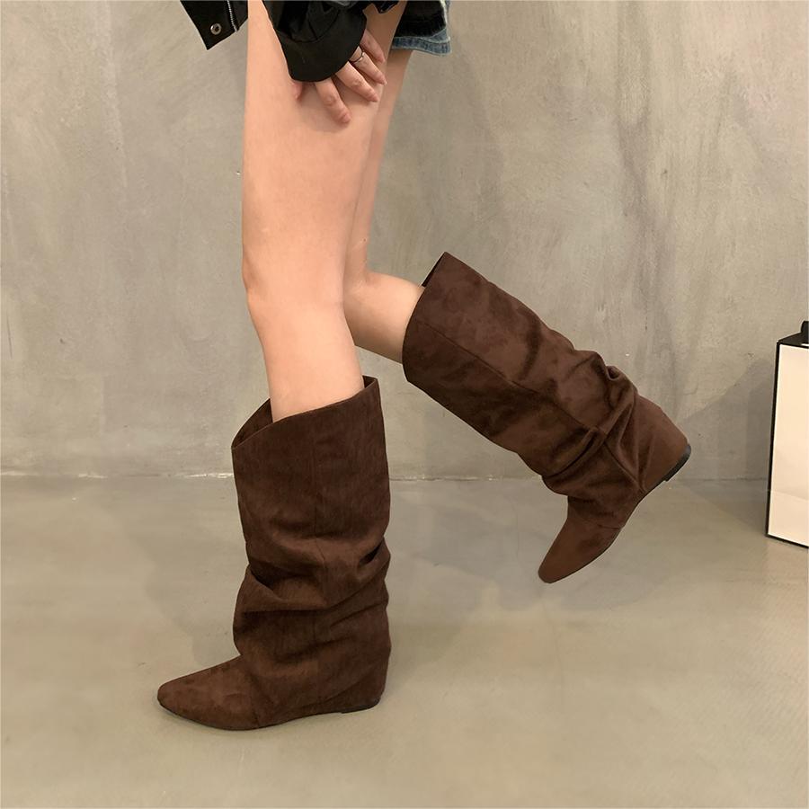 Inner height increase apricot suede pile medium tube knight boots women's shoes 2025 spring, autumn and winter pointed retro long boots