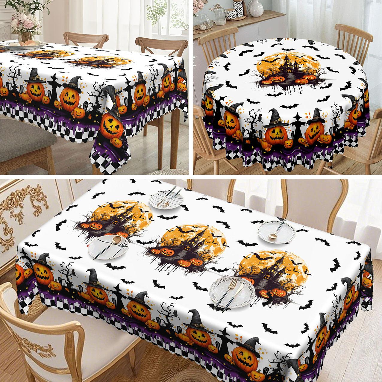 1 Piece, Halloween Themed Party Tablecloth, Black And White Buffalo Pattern Pumpkin Skull Castle Holiday Pattern Tablecloth Round tablecloth-152x152cm