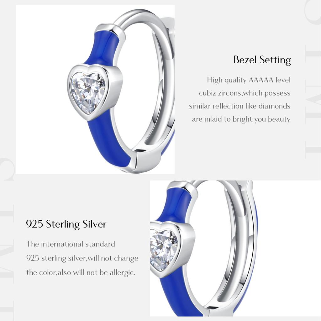 Modian 925 Sterling Zilver Blauw Emaille Hartjes Oorringen Romantisch Cz Kleine Oor Gespen Voor Vrouwen Bruiloft Sieraden