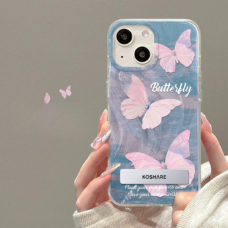 Applicable To Apple 15 Mobile Phone Case Iphone14pm Pink Butterfly Invisible Bracket 13 Feather Yarn 12 High-end 11 Full Package