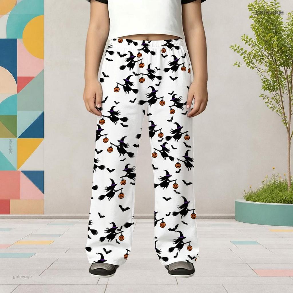 Girls White Halloween Cartoon Printed Wide Leg Long Pants