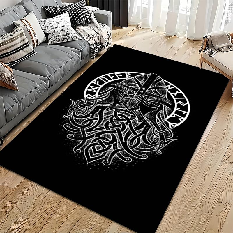 Spiritual Area Rug, Viking Warrior Beard Rune Circle White Black Dotwork Poster, Living Room Decor, Non-Slip Mat