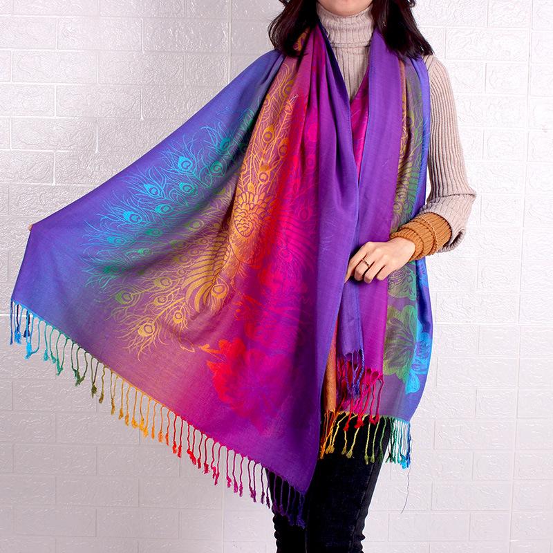 Color gradual change peacock lady scarf shawl, jacquard scarf