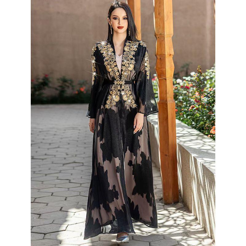 Middle East Lace Embroidery Belt Dress + Inner Skirt Two-Piece Set Lace Embroidered Dress Set