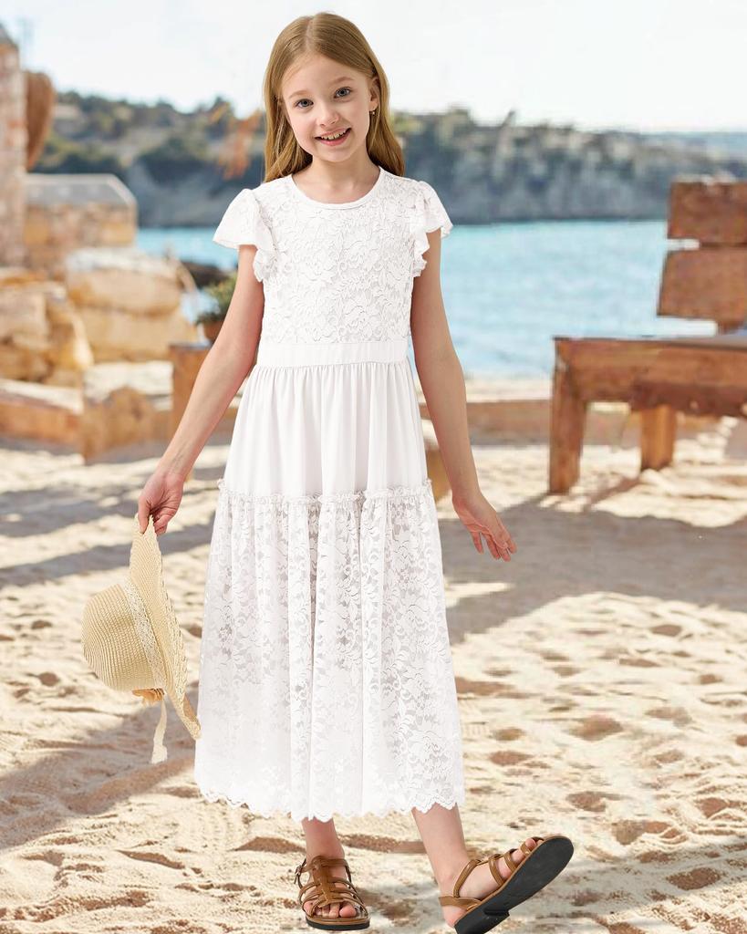 Rolanko Lace Ruffle Bohemian Perfect for Size 120 Kids' Dress, Girls' Dress, Parties, Weddings, Recitals, White,