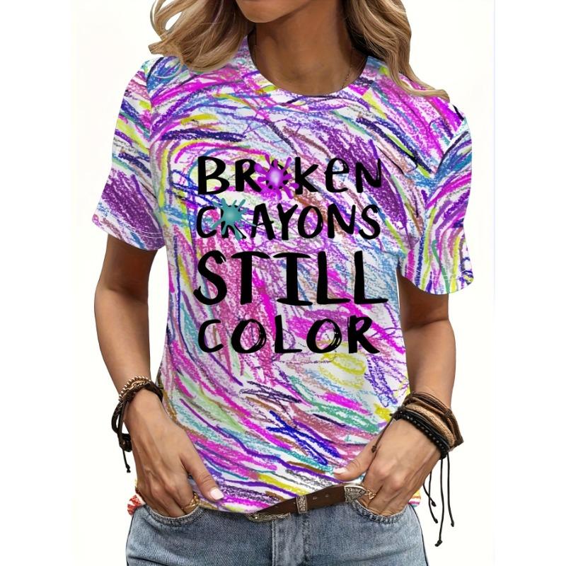 

Colorful letter print art T-shirt, fashionable and casual medium stretch contrasting color short-sleeved round neck top for women S
