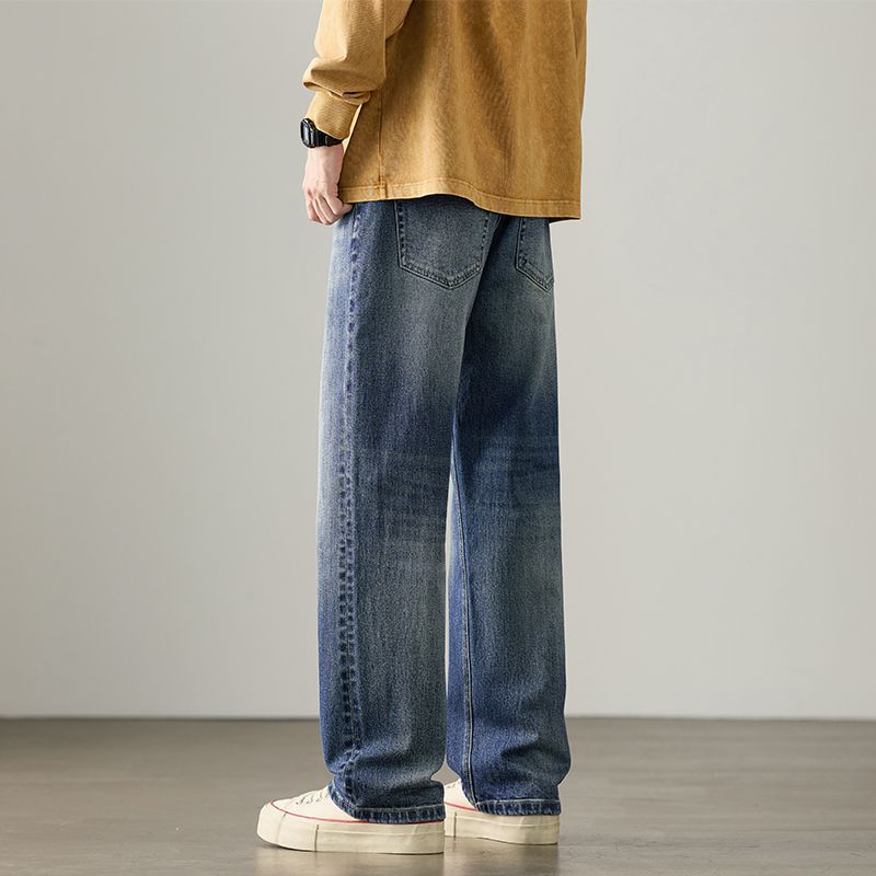 Autumn and winter new high-end European, American and Japanese loose large-size straight cotton elastic denim trousers men's trendy MEN