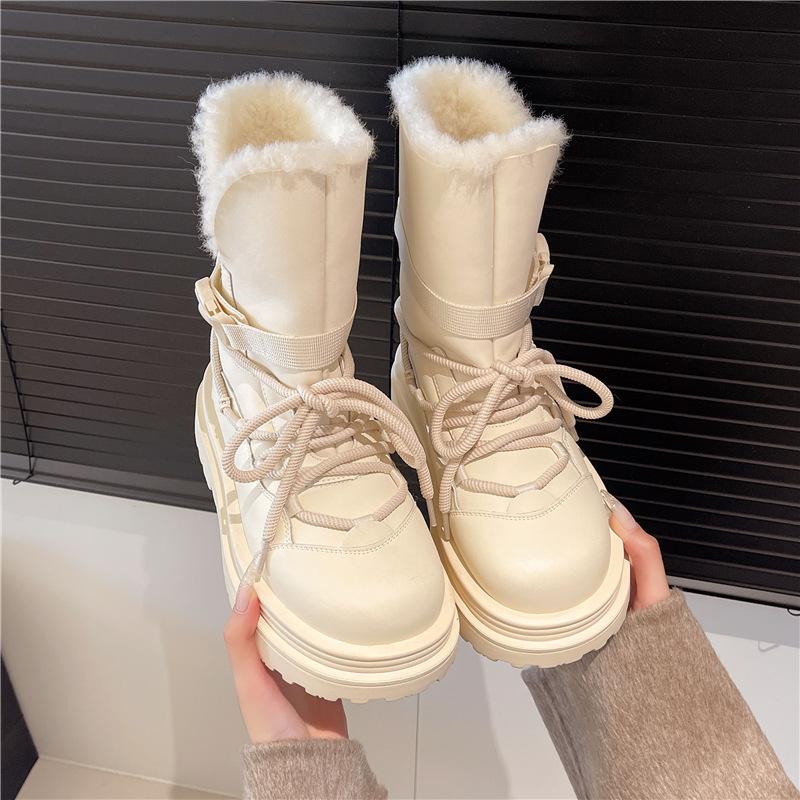Women's Large Size Winter Warm Snow Boots Padded Lining Ankle Boots Leather Fur Integration Non-slip Hiking Sports Martin Boots