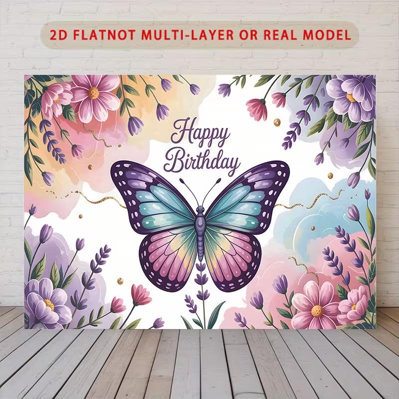 2D Elegant Butterfly Floral Happy Birthday Backdrop Watercolor Party Background