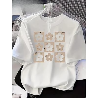 European Size Women's  Vintage - Letter Print T-Shirt - Short Sleeve Round Neck Casual Blouse with Alphabet Chart for Spring Summer Casual Attire