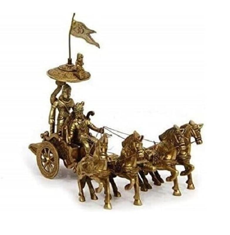 

TreegoArt Brass Chariot with Antique Lord Krishna & Arjuna Rath Idol with Vijay Pataka and Lord Hanuman Sitting for Home and Temple- 9.5 Inches золотистый