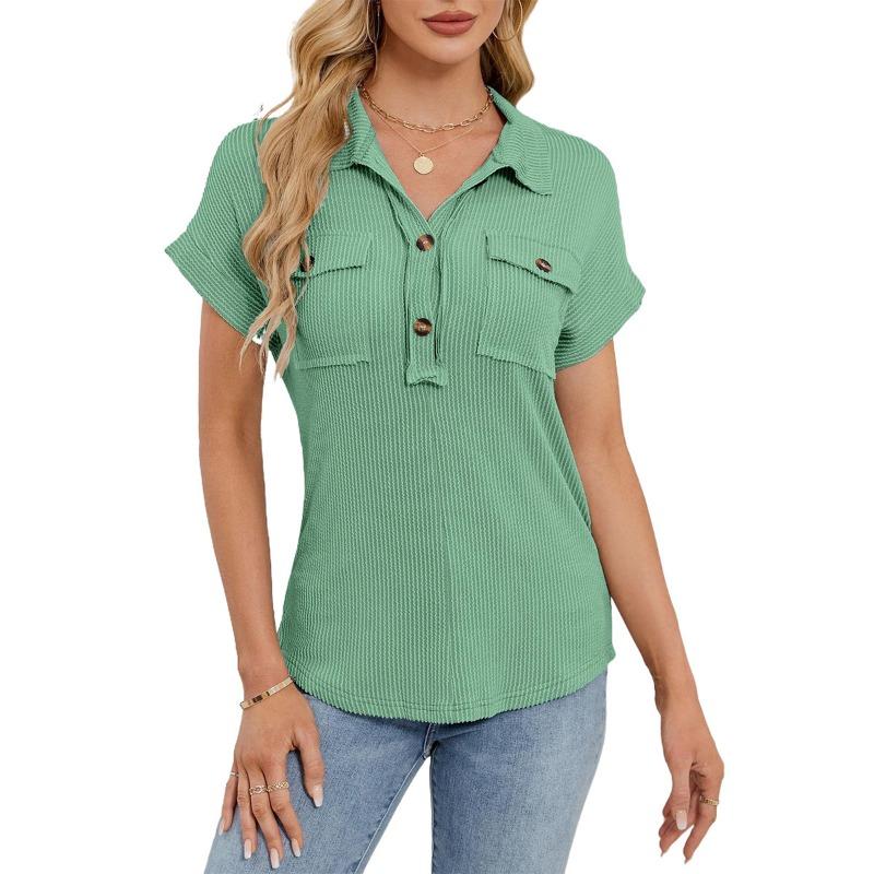 Summer New Women's Lapel Pocket Short-sleeved Solid Color T-shirt Casual Versatile Top