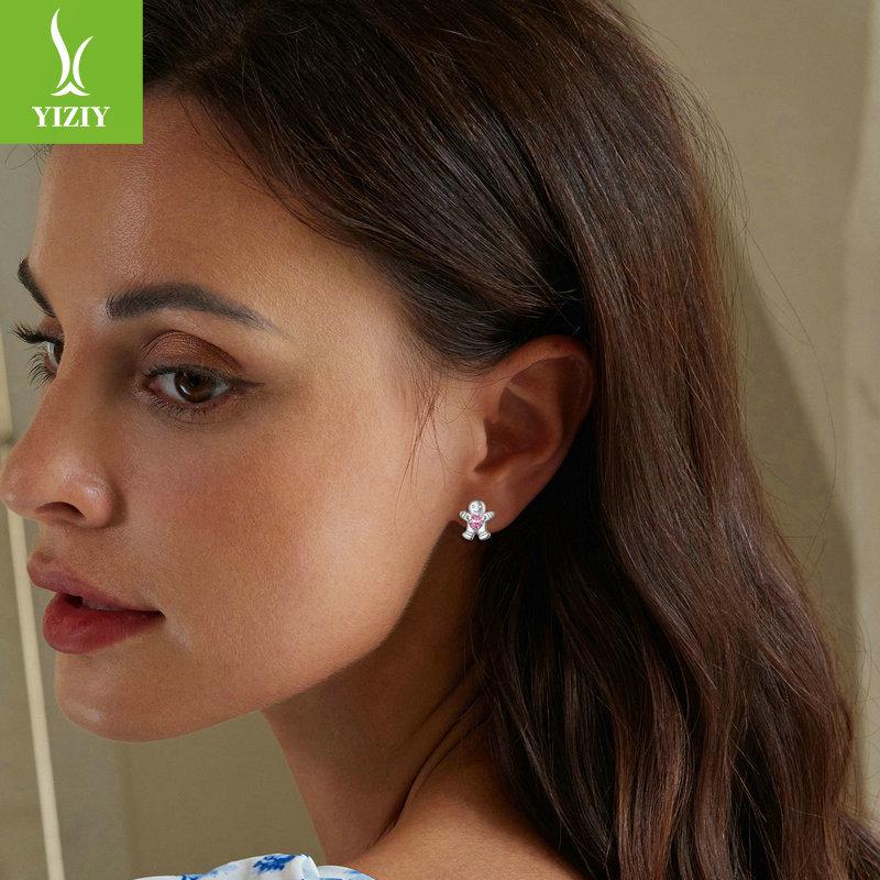 Yinziyun Gingerbread Man and Pink Heart Zircon S925 Sterling Silver Stud Earrings for Women