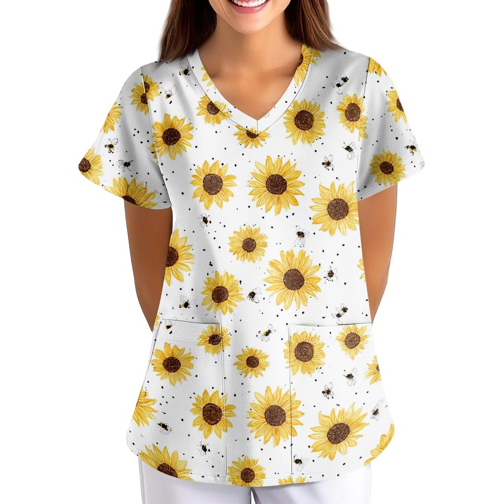 Women Short Sleeve V Neck T Shirt Floral Print Casual Loose Fit Lightweight Blouse for Everyday Wear and Activities