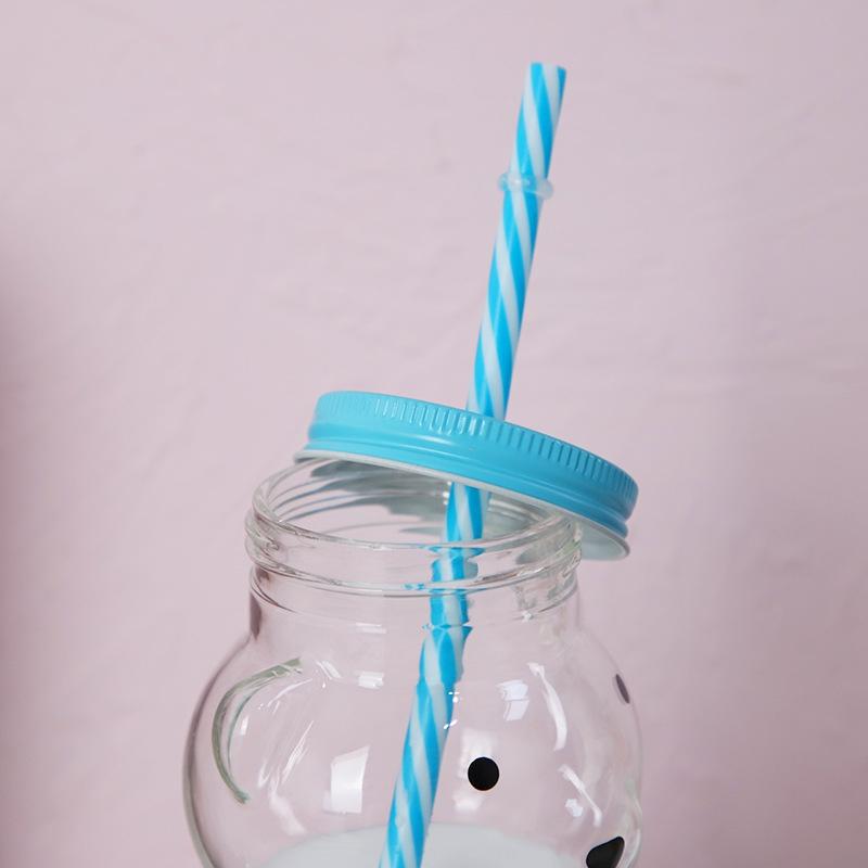 500 ml Cartoon Bärenförmige Glastasse mit blauem Strohdeckel Transparentes Saft-Cocktailglas Restaurant Zuhause Kaffee Milch Tasse