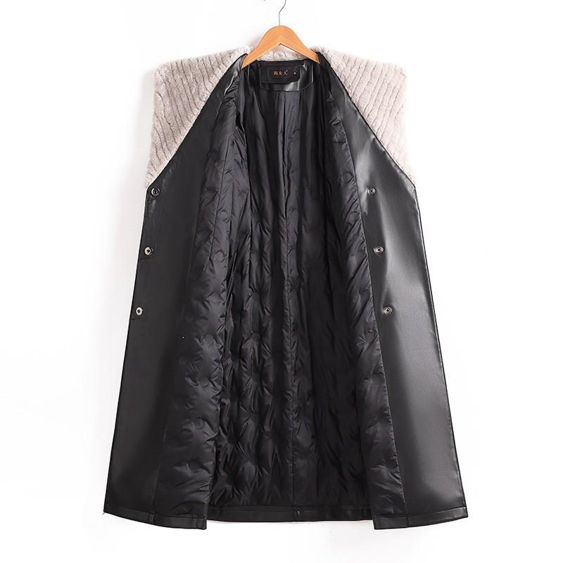 Womens Mid-Length PU Leather Trench Coat Over Knee Fall Winter Outerwear Elegant Office Style Plus Size