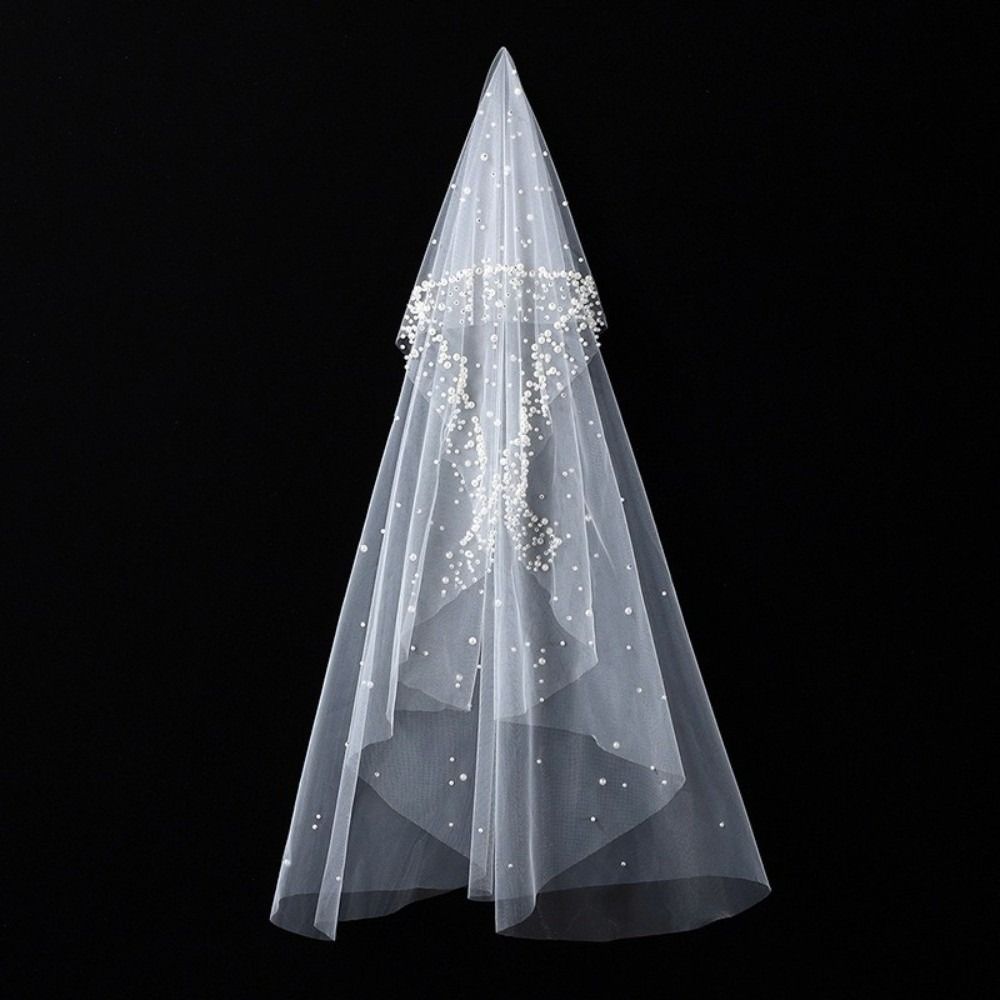Pearls Long Wedding Veil 130cm Waist Length Drop Veil Pearls Tulle Bridal Veil  French Headdress