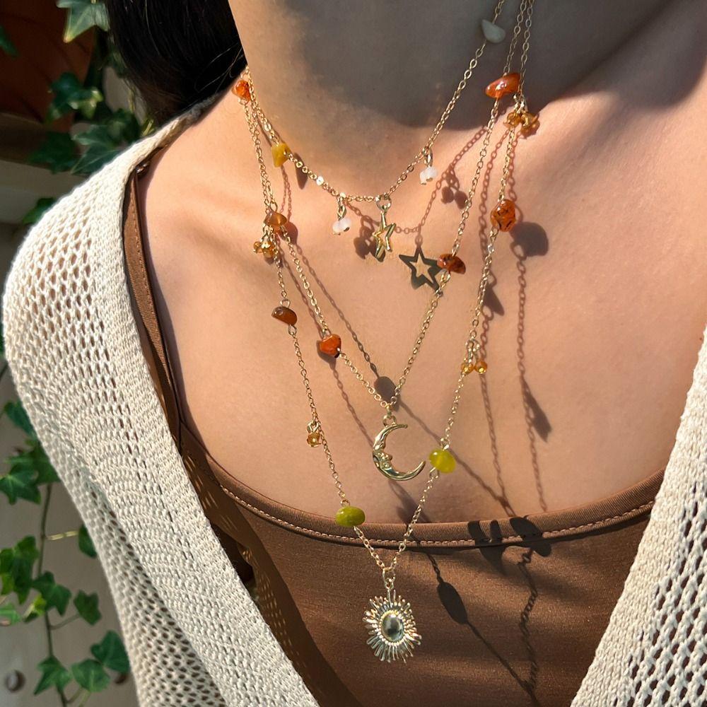 Sun Moon Star Clavicle Chain Women Bead Bowknot Clavicle Necklace Y2K Multilayer Necklace Ladies
