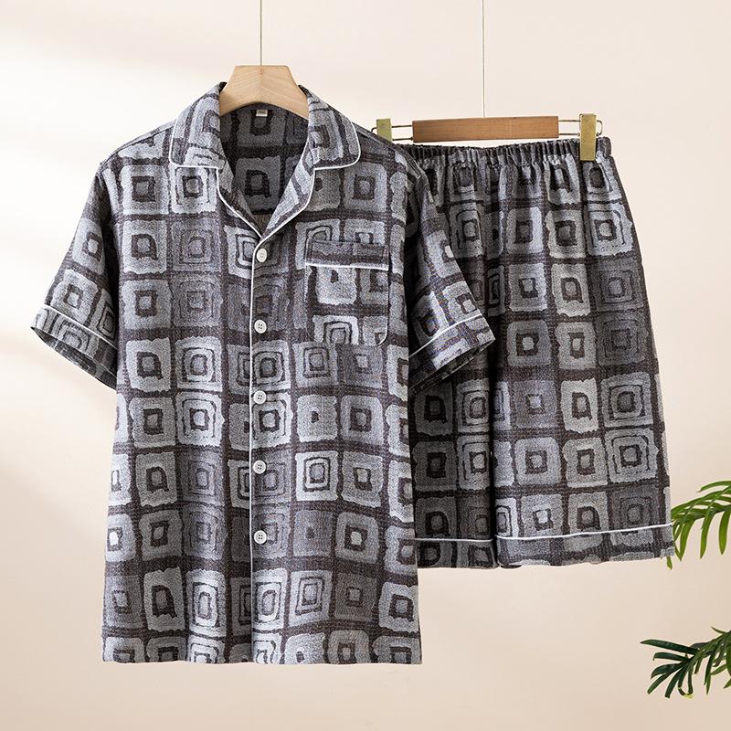 2026 New Summer Men's Pajama Set 100% Cotton Thin Jacquard Exquisite Short Sleeve Shorts Two Piece Set Loose Large Home Clothes