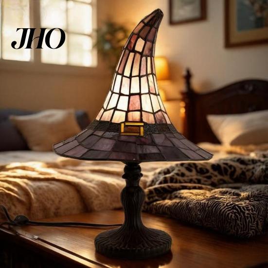 Bedside Atmosphere Lamp Stained Glass Witch Hat Lamp, USB Powered Resin Night Light, Gothic Warm Ambient Lighting Halloween Table for Bedroom