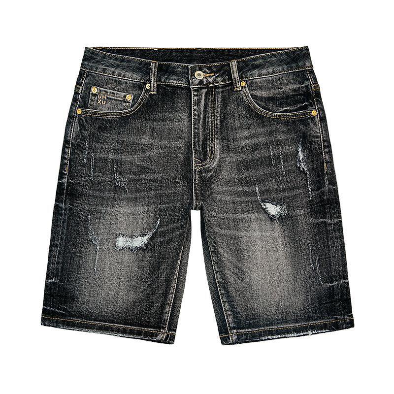 New Summer American Casual Denim Shorts Retro Straight Mid-tie Ripped Five-point Pants