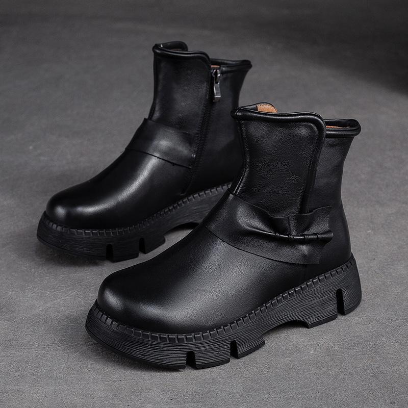 

Johnature Натуральная кожа Короткие ботинки Толстая подошва Круглый носок Ретро Молния сбоку Универсальная женская обувь 39 чёрный