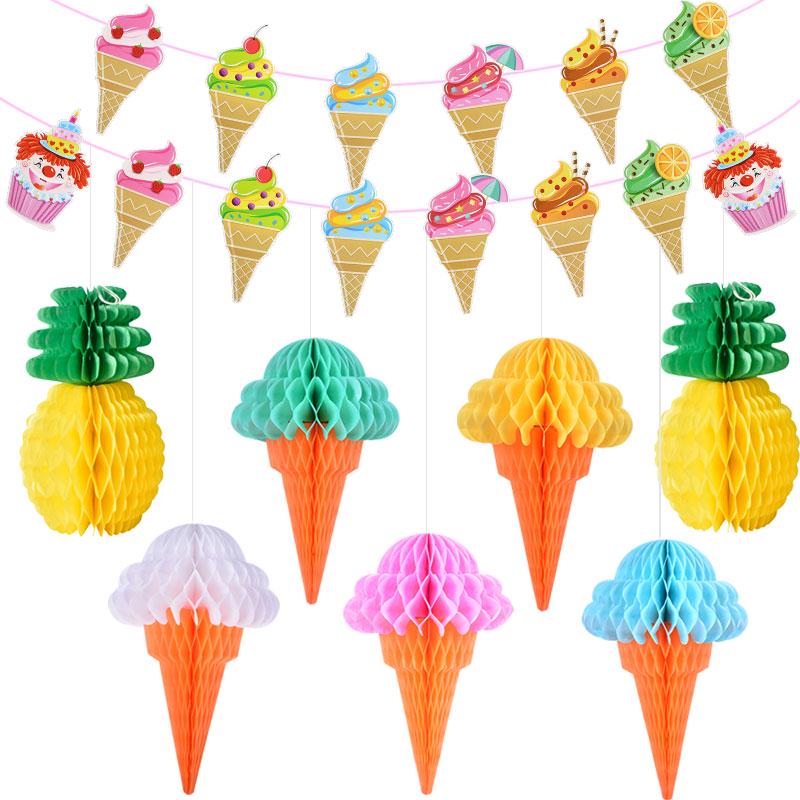 Spring Tropical Fruit Party Ceiling Decorations: Pineapple, Strawberry, Apple, and Grape Honeycomb Balls