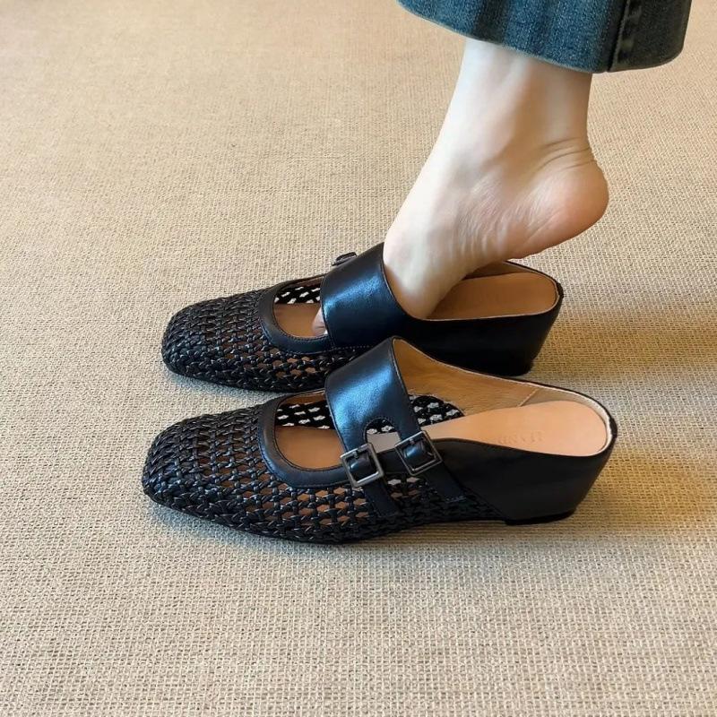 Simple and versatile square head woven hollow double belt buckle inner heightening bag head slippers beige