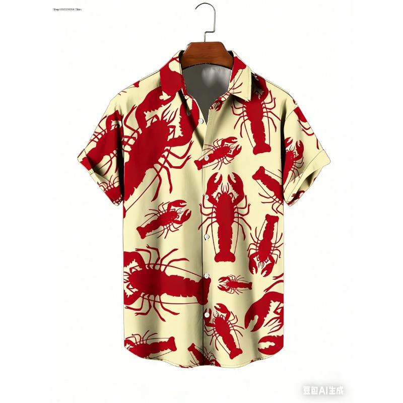 Men Hawaiian Shirt Lobster Printing Shirt Leisure Shirt Summer Fashion Casual Beach Vacation Short Sleeve Men Clothing Tops