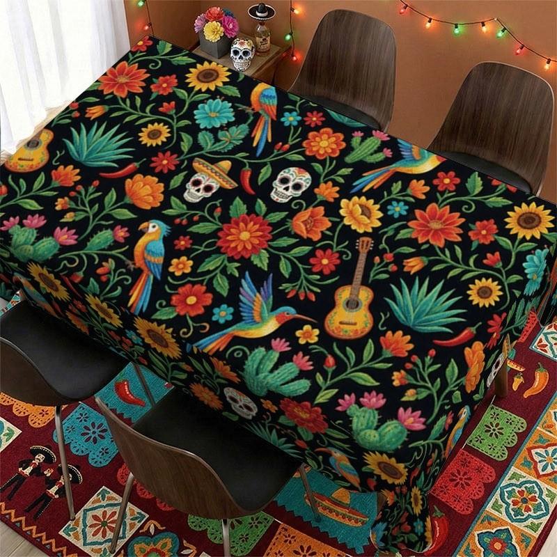 Colorful Mexican Rectangle Table Cloth for Table Decor Holiday Party Waterproof Reusable Tablecloth for Tables Kitchen Dining