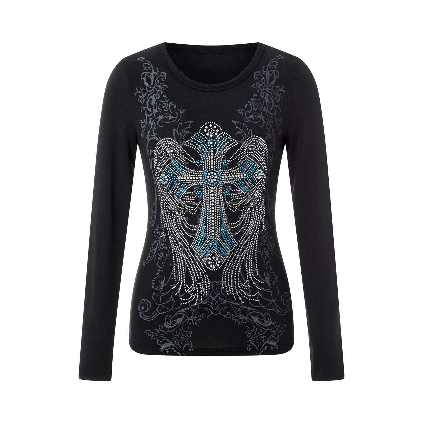 

Женская узкая блузка с круглым вырезом и длинным рукавом, узором из крест-накрест страз, клубная одежда на весну и лето M чёрный