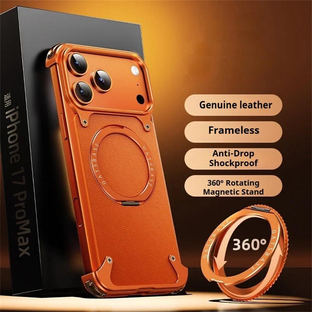 Luxury Genuine Leather for Magsafe Magnetic Wireless Charge Case for iPhone 17 16 15 14 13 Pro Max 360° Rotatable Ring Stand Shockproof Cover