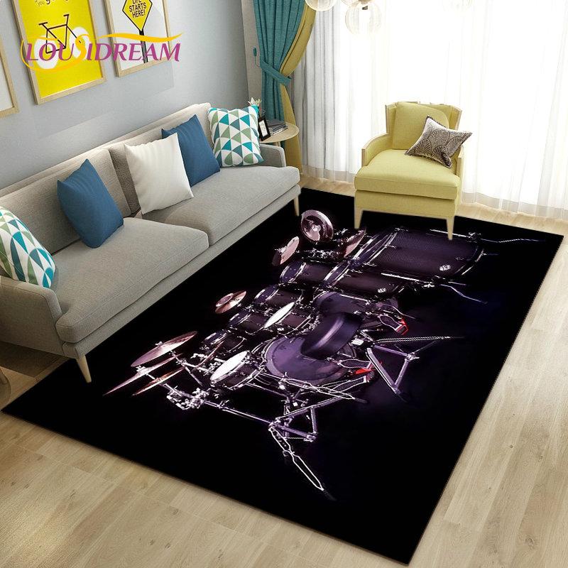 Teppich mit Schlagzeug, Musikinstrumenten, groß, Teppich für Wohnzimmer, Schlafzimmer, Sofa, Fußmatte, Küchendekoration, rutschfeste Bodenmatte für Kinder