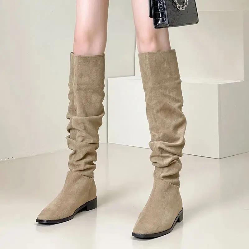 Women's Long Boots Middle Heel Winter 2024 Ladies Knee High Shaft Shoes Autumn Demi-season Large Size Warm Gyaru Designer Luxury