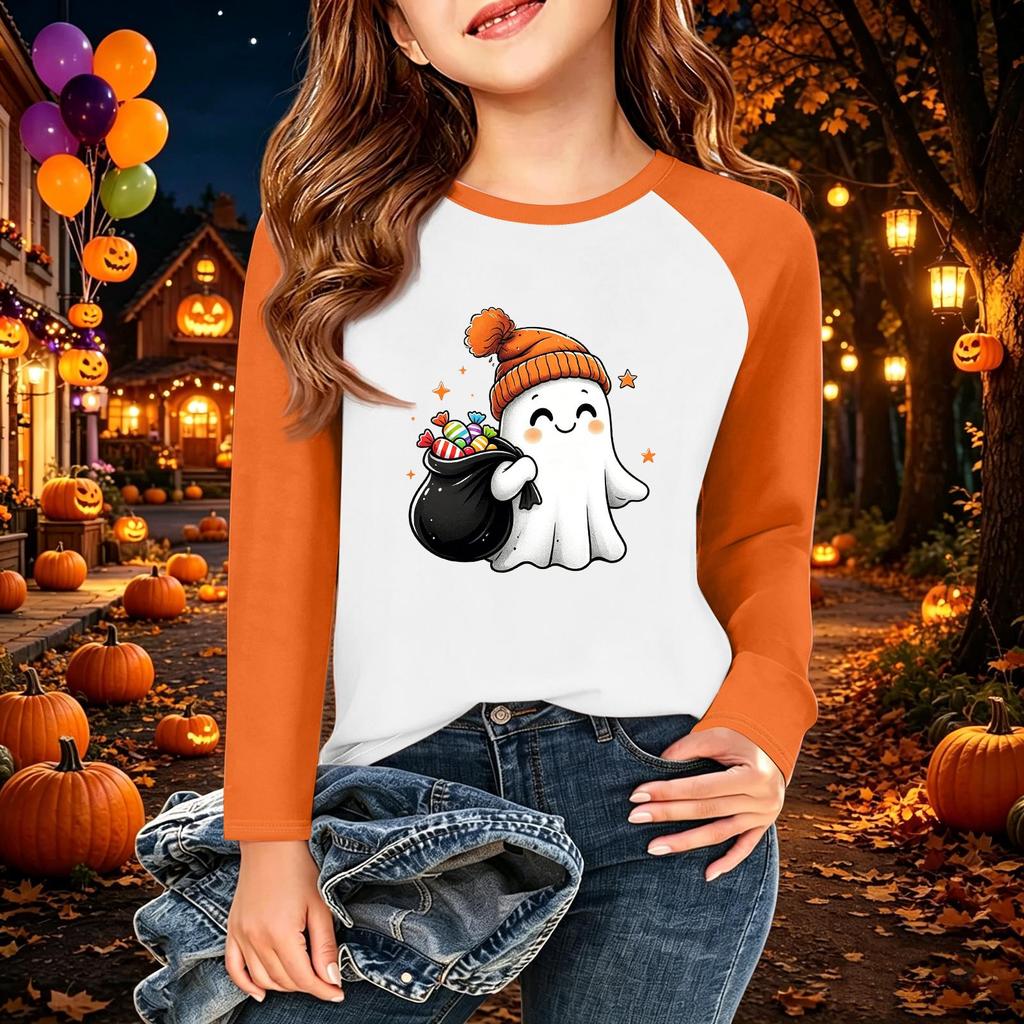 Kids' Halloween Printed Long Sleeve Neck T-Shirt for Casual Wear