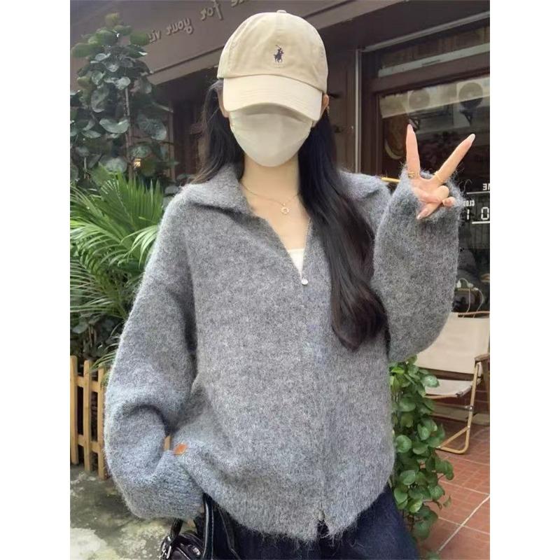 Loose lapel double zipper sweater jacket women's autumn and winter new lazy style thin knitted cardigan women