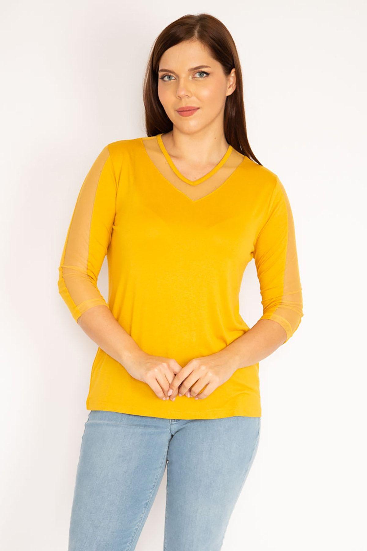 

Women s Big Size Blouse Plus Size Mustard Tulle Detailed Viscose Blouse 2XL