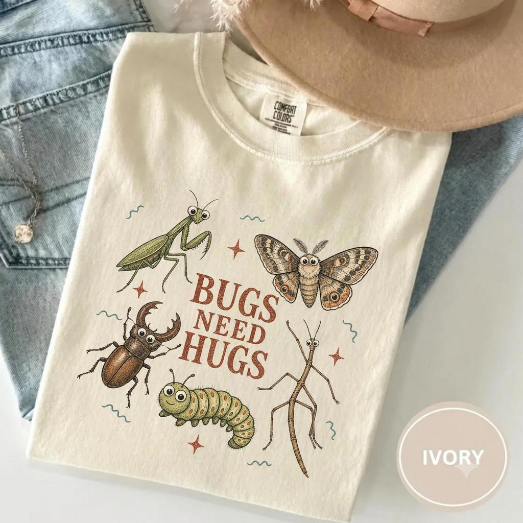 Cute Insect Friends Shirt, Bugs Need Hugs Science Teacher Tee, Entomology Nature Graphic T-Shirt, Comfort Colors Bug Lover Gift
