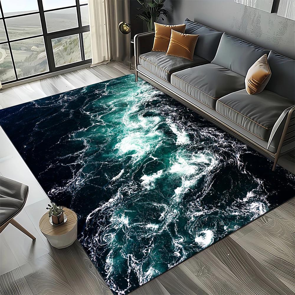 2025 New Style Blue Green Sea Wave Seawater Nature 3D Carpet Rug for Living Room Bedroom Home Sofa Decoration,Non-slip Floor Mat