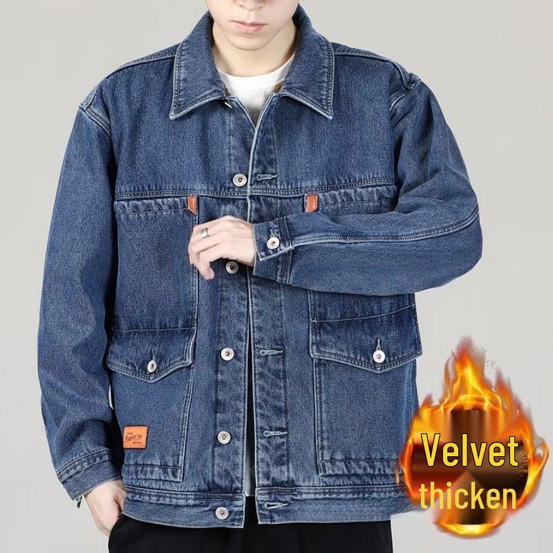 Men's Velvet-Lined Thick Denim Jacket - Extra Warm, Loose Fit, Trendy Plus Size for Winter