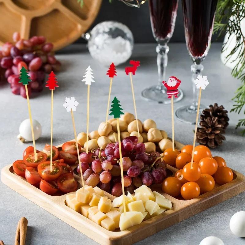 50pcs/ bag ristmas Bamboo Cocktail Picks Santa Claus Snowflake tree Drink Fruit Dessert Food Toothpicks Christmas Party